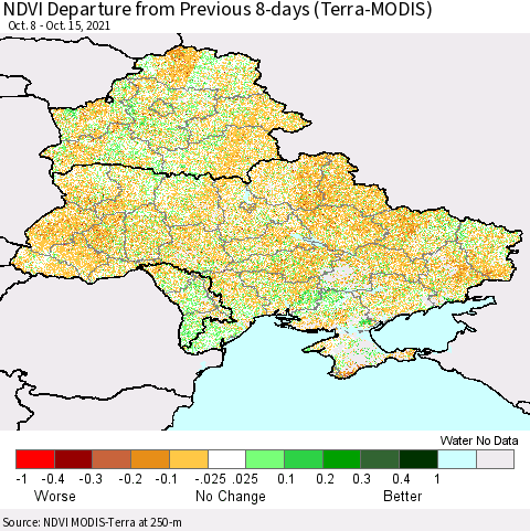 Ukraine, Moldova and Belarus NDVI Departure from Previous 8-days (Terra-MODIS) Thematic Map For 10/8/2021 - 10/15/2021