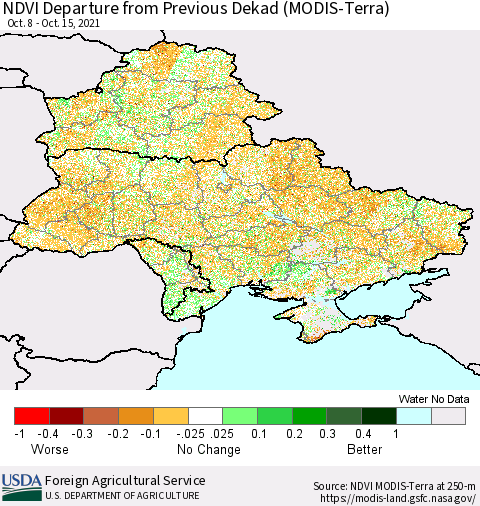 Ukraine, Moldova and Belarus NDVI Departure from Previous Dekad (Terra-MODIS) Thematic Map For 10/11/2021 - 10/20/2021