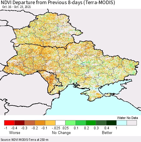 Ukraine, Moldova and Belarus NDVI Departure from Previous 8-days (Terra-MODIS) Thematic Map For 10/16/2021 - 10/23/2021