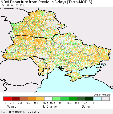Ukraine, Moldova and Belarus NDVI Departure from Previous Dekad (Terra-MODIS) Thematic Map For 10/21/2021 - 10/31/2021