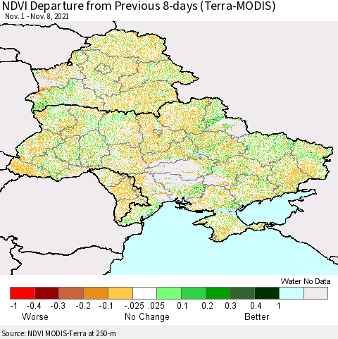 Ukraine, Moldova and Belarus NDVI Departure from Previous 8-days (Terra-MODIS) Thematic Map For 11/1/2021 - 11/8/2021