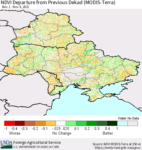 Ukraine, Moldova and Belarus NDVI Departure from Previous Dekad (Terra-MODIS) Thematic Map For 11/1/2021 - 11/10/2021
