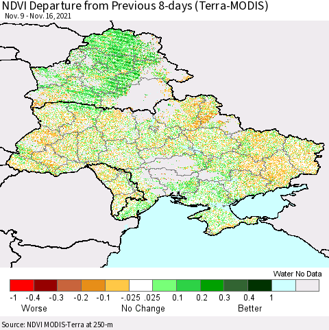 Ukraine, Moldova and Belarus NDVI Departure from Previous 8-days (Terra-MODIS) Thematic Map For 11/9/2021 - 11/16/2021