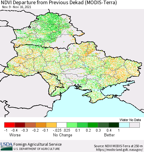 Ukraine, Moldova and Belarus NDVI Departure from Previous Dekad (Terra-MODIS) Thematic Map For 11/11/2021 - 11/20/2021