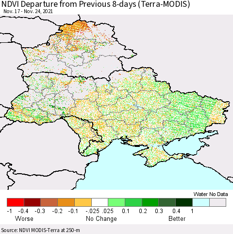 Ukraine, Moldova and Belarus NDVI Departure from Previous 8-days (Terra-MODIS) Thematic Map For 11/17/2021 - 11/24/2021