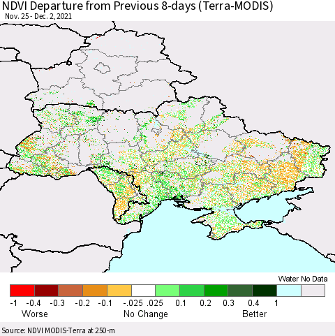 Ukraine, Moldova and Belarus NDVI Departure from Previous 8-days (Terra-MODIS) Thematic Map For 11/25/2021 - 12/2/2021