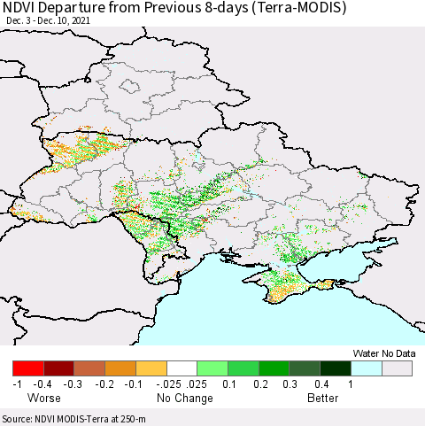 Ukraine, Moldova and Belarus NDVI Departure from Previous Dekad (Terra-MODIS) Thematic Map For 12/1/2021 - 12/10/2021