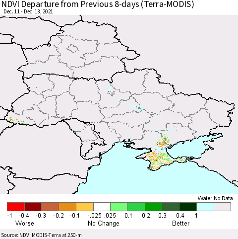 Ukraine, Moldova and Belarus NDVI Departure from Previous 8-days (Terra-MODIS) Thematic Map For 12/11/2021 - 12/18/2021