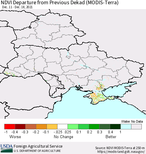 Ukraine, Moldova and Belarus NDVI Departure from Previous Dekad (Terra-MODIS) Thematic Map For 12/11/2021 - 12/20/2021