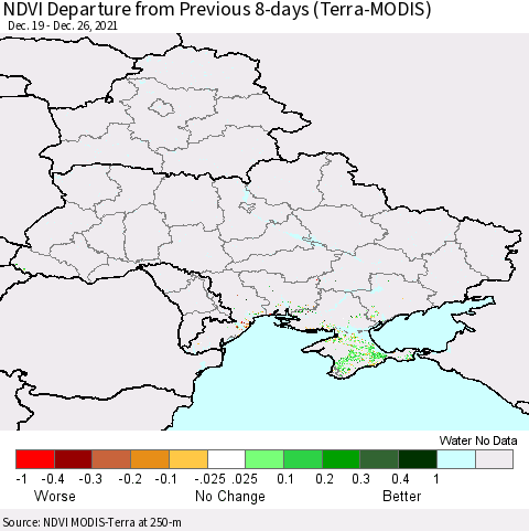 Ukraine, Moldova and Belarus NDVI Departure from Previous 8-days (Terra-MODIS) Thematic Map For 12/19/2021 - 12/26/2021