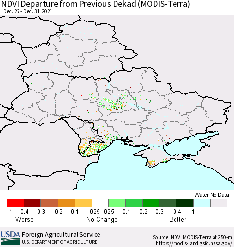 Ukraine, Moldova and Belarus NDVI Departure from Previous Dekad (Terra-MODIS) Thematic Map For 12/21/2021 - 12/31/2021