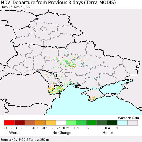 Ukraine, Moldova and Belarus NDVI Departure from Previous 8-days (Terra-MODIS) Thematic Map For 12/26/2021 - 1/2/2022