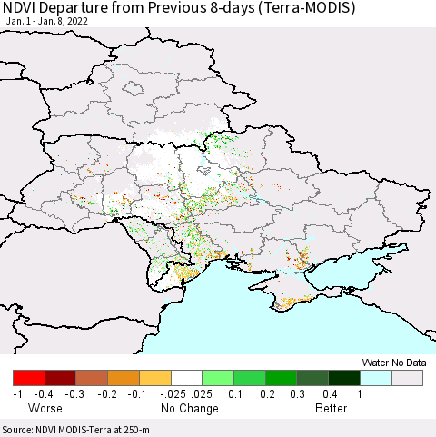 Ukraine, Moldova and Belarus NDVI Departure from Previous 8-days (Terra-MODIS) Thematic Map For 1/1/2022 - 1/8/2022