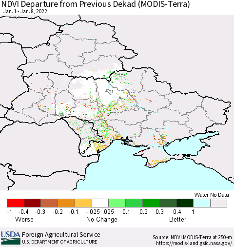 Ukraine, Moldova and Belarus NDVI Departure from Previous Dekad (Terra-MODIS) Thematic Map For 1/1/2022 - 1/10/2022