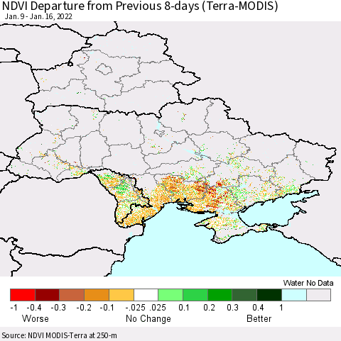 Ukraine, Moldova and Belarus NDVI Departure from Previous 8-days (Terra-MODIS) Thematic Map For 1/9/2022 - 1/16/2022