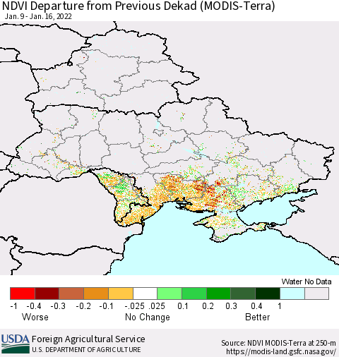 Ukraine, Moldova and Belarus NDVI Departure from Previous Dekad (Terra-MODIS) Thematic Map For 1/11/2022 - 1/20/2022