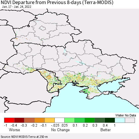 Ukraine, Moldova and Belarus NDVI Departure from Previous 8-days (Terra-MODIS) Thematic Map For 1/17/2022 - 1/24/2022