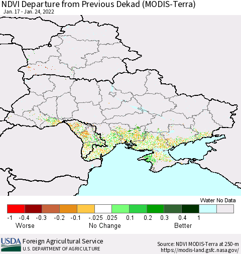 Ukraine, Moldova and Belarus NDVI Departure from Previous Dekad (Terra-MODIS) Thematic Map For 1/21/2022 - 1/31/2022