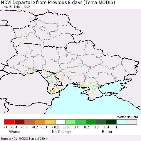 Ukraine, Moldova and Belarus NDVI Departure from Previous 8-days (Terra-MODIS) Thematic Map For 1/25/2022 - 2/1/2022