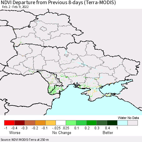 Ukraine, Moldova and Belarus NDVI Departure from Previous 8-days (Terra-MODIS) Thematic Map For 2/2/2022 - 2/9/2022