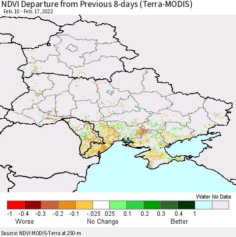 Ukraine, Moldova and Belarus NDVI Departure from Previous 8-days (Terra-MODIS) Thematic Map For 2/10/2022 - 2/17/2022