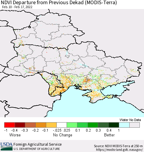 Ukraine, Moldova and Belarus NDVI Departure from Previous Dekad (Terra-MODIS) Thematic Map For 2/11/2022 - 2/20/2022