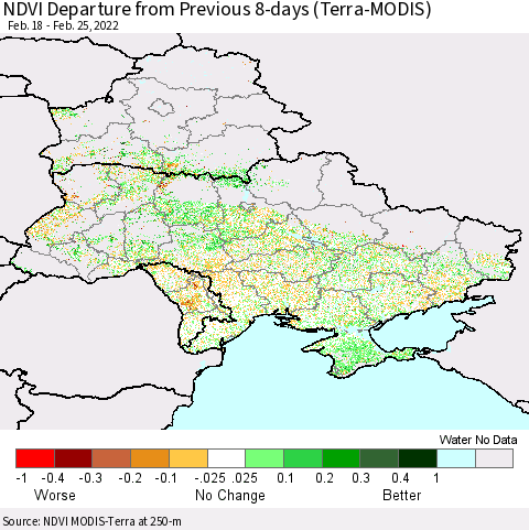Ukraine, Moldova and Belarus NDVI Departure from Previous 8-days (Terra-MODIS) Thematic Map For 2/18/2022 - 2/25/2022