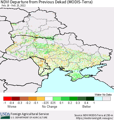 Ukraine, Moldova and Belarus NDVI Departure from Previous Dekad (Terra-MODIS) Thematic Map For 2/21/2022 - 2/28/2022