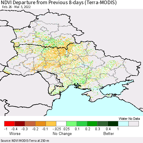 Ukraine, Moldova and Belarus NDVI Departure from Previous 8-days (Terra-MODIS) Thematic Map For 2/26/2022 - 3/5/2022