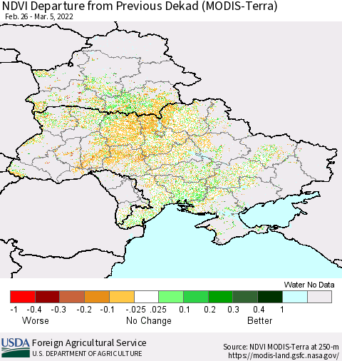 Ukraine, Moldova and Belarus NDVI Departure from Previous Dekad (Terra-MODIS) Thematic Map For 3/1/2022 - 3/10/2022