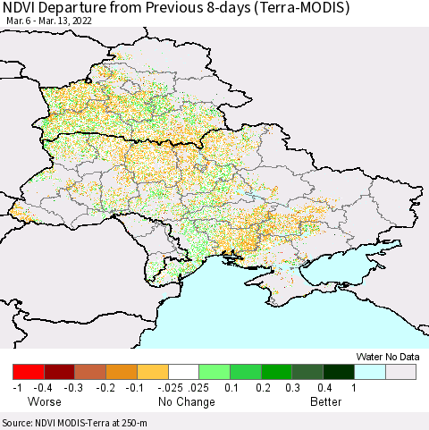 Ukraine, Moldova and Belarus NDVI Departure from Previous 8-days (Terra-MODIS) Thematic Map For 3/6/2022 - 3/13/2022
