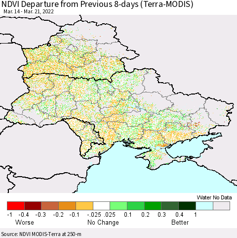 Ukraine, Moldova and Belarus NDVI Departure from Previous 8-days (Terra-MODIS) Thematic Map For 3/14/2022 - 3/21/2022