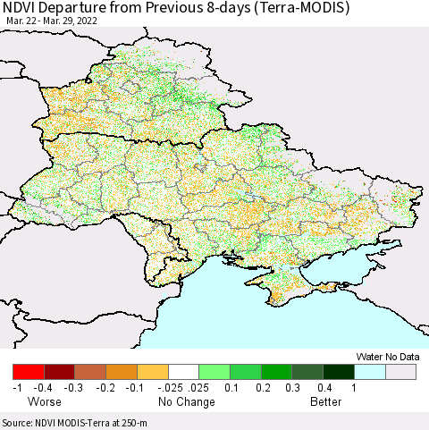 Ukraine, Moldova and Belarus NDVI Departure from Previous 8-days (Terra-MODIS) Thematic Map For 3/22/2022 - 3/29/2022
