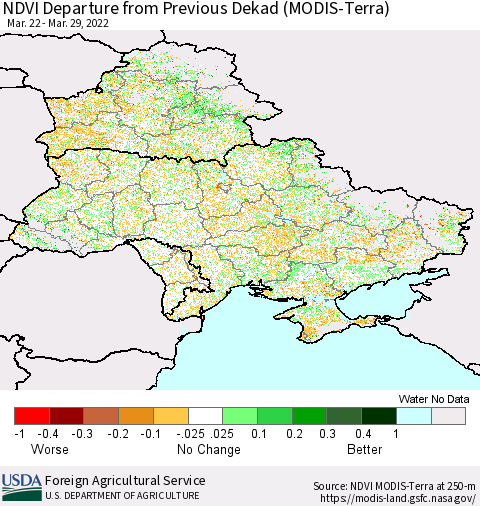 Ukraine, Moldova and Belarus NDVI Departure from Previous Dekad (Terra-MODIS) Thematic Map For 3/21/2022 - 3/31/2022