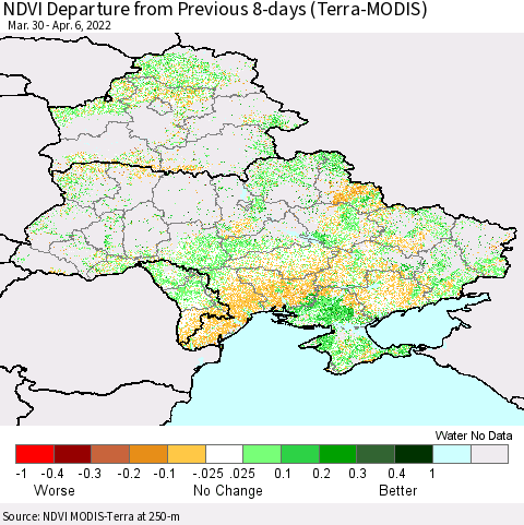 Ukraine, Moldova and Belarus NDVI Departure from Previous 8-days (Terra-MODIS) Thematic Map For 3/30/2022 - 4/6/2022
