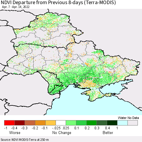Ukraine, Moldova and Belarus NDVI Departure from Previous 8-days (Terra-MODIS) Thematic Map For 4/7/2022 - 4/14/2022