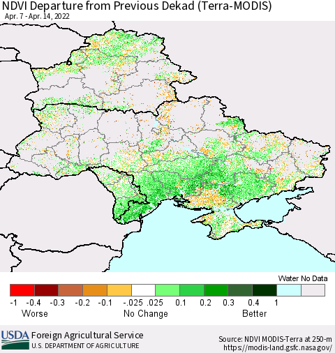 Ukraine, Moldova and Belarus NDVI Departure from Previous Dekad (Terra-MODIS) Thematic Map For 4/11/2022 - 4/20/2022