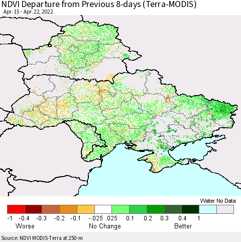Ukraine, Moldova and Belarus NDVI Departure from Previous 8-days (Terra-MODIS) Thematic Map For 4/15/2022 - 4/22/2022
