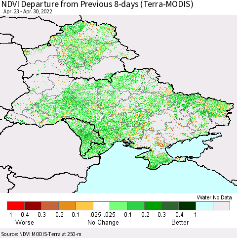 Ukraine, Moldova and Belarus NDVI Departure from Previous Dekad (Terra-MODIS) Thematic Map For 4/21/2022 - 4/30/2022