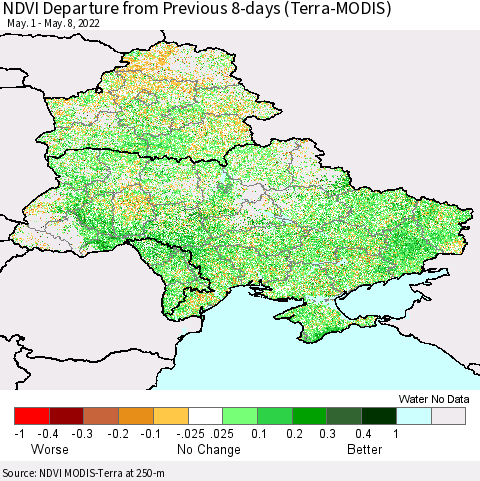 Ukraine, Moldova and Belarus NDVI Departure from Previous 8-days (Terra-MODIS) Thematic Map For 5/1/2022 - 5/8/2022
