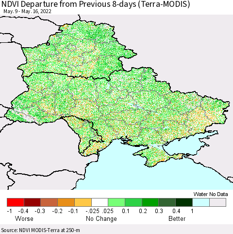 Ukraine, Moldova and Belarus NDVI Departure from Previous 8-days (Terra-MODIS) Thematic Map For 5/9/2022 - 5/16/2022