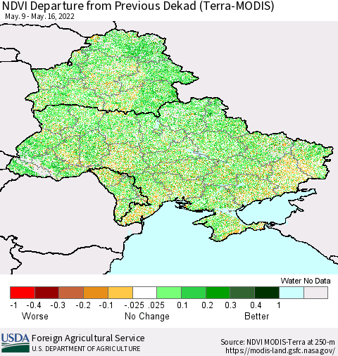 Ukraine, Moldova and Belarus NDVI Departure from Previous Dekad (Terra-MODIS) Thematic Map For 5/11/2022 - 5/20/2022