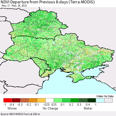 Ukraine, Moldova and Belarus NDVI Departure from Previous 8-days (Terra-MODIS) Thematic Map For 5/17/2022 - 5/24/2022