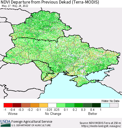 Ukraine, Moldova and Belarus NDVI Departure from Previous Dekad (Terra-MODIS) Thematic Map For 5/21/2022 - 5/31/2022