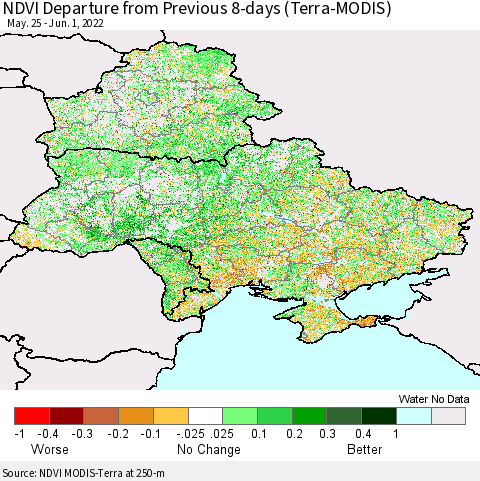 Ukraine, Moldova and Belarus NDVI Departure from Previous 8-days (Terra-MODIS) Thematic Map For 5/25/2022 - 6/1/2022