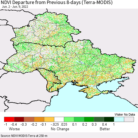 Ukraine, Moldova and Belarus NDVI Departure from Previous 8-days (Terra-MODIS) Thematic Map For 6/2/2022 - 6/9/2022