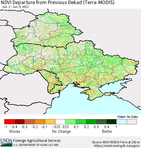 Ukraine, Moldova and Belarus NDVI Departure from Previous Dekad (Terra-MODIS) Thematic Map For 6/1/2022 - 6/10/2022