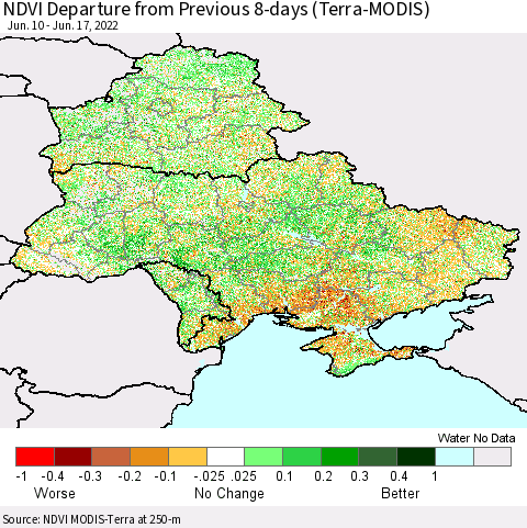 Ukraine, Moldova and Belarus NDVI Departure from Previous 8-days (Terra-MODIS) Thematic Map For 6/10/2022 - 6/17/2022