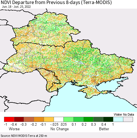 Ukraine, Moldova and Belarus NDVI Departure from Previous 8-days (Terra-MODIS) Thematic Map For 6/18/2022 - 6/25/2022