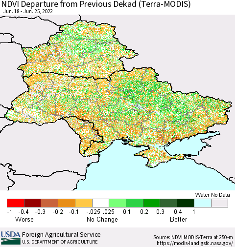 Ukraine, Moldova and Belarus NDVI Departure from Previous Dekad (Terra-MODIS) Thematic Map For 6/21/2022 - 6/30/2022
